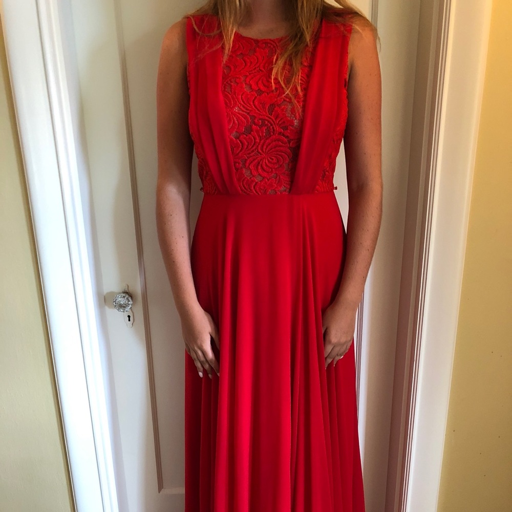 Red open back formal dress